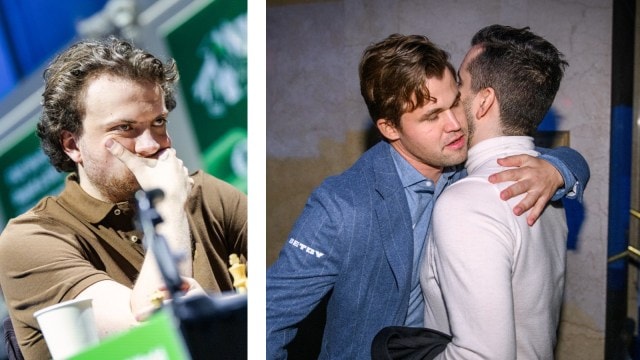 (LEFT) Hans Niemann during the World Rapid and Blitz Championship; Magnus Carlsen and Ian Nepomniachtchi share a hug after agreeing to share the World Blitz title. (PHOTOS: FIDE via Maria Emelianova and Lennart Ootes)