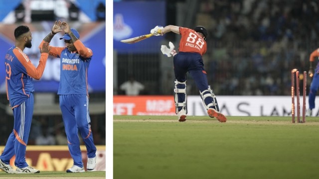 (LEFT) Varun Chakravarthy and India captain Suryakumar Yadav celebrate the wicket of England's Harry Brook; (RIGHT) Harry Brook reacts after being bowled out by Chakravarthy during the second T20I at M A Chidambaram Stadium in Chennai. (AP Photo)