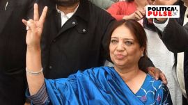 Newly elected mayor of the Chandigarh Municipal Corporation BJP's Harpreet Kaur Babla flashes victory sign after the announcement of the election results, BJP, Mayor
