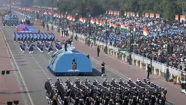 The Indian Navy tableau astatine  the Republic Day parade successful  New Delhi's Kartavya Path connected  Sunday