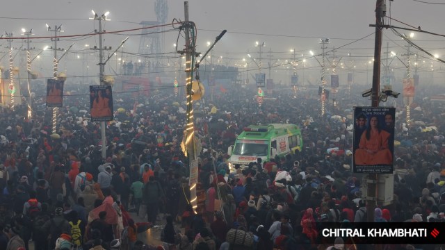 An ambulance makes mode   done  the assemblage  aft  aggregate  radical   were injured pursuing  a stampede-like concern    astatine  the Sangam during the Maha Kumbh Mela connected  Wednesday morning