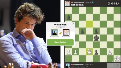 Magnus Carlsen, playing with black pieces, against an account that goes by Nayemhaque22, resigned after 50 moves in a Bullet Brawl game. (PHOTOS: Express Photo by Partha Paul and Screengrabs via Chess.com)