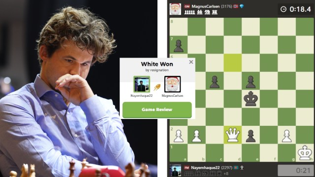 Magnus Carlsen, playing with black pieces, against an account that goes by Nayemhaque22, resigned after 50 moves in a Bullet Brawl game. (PHOTOS: Express Photo by Partha Paul and Screengrabs via Chess.com)