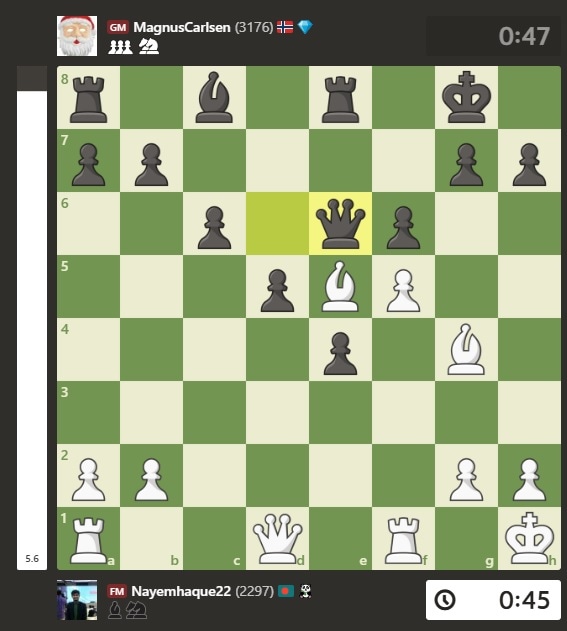 The ill-fated 20.Qe6 from Magnus Carlsen which led to his queen being picked off. (PHOTO: Chess.com)