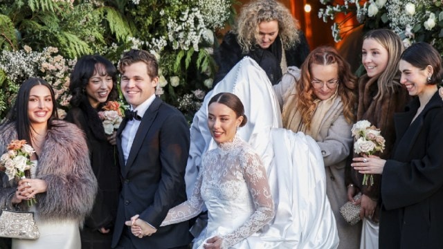 Magnus Carlsen and his wife Ella Victoria Malone in Holmenkollen Chapel, Oslo on January 4, 2025. (NTB via AP)