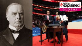A side by side of William McKinley and Donald Trump. Trump is seen signing an executive order during the inaugural parade inside Capitol One Arena following his inauguration