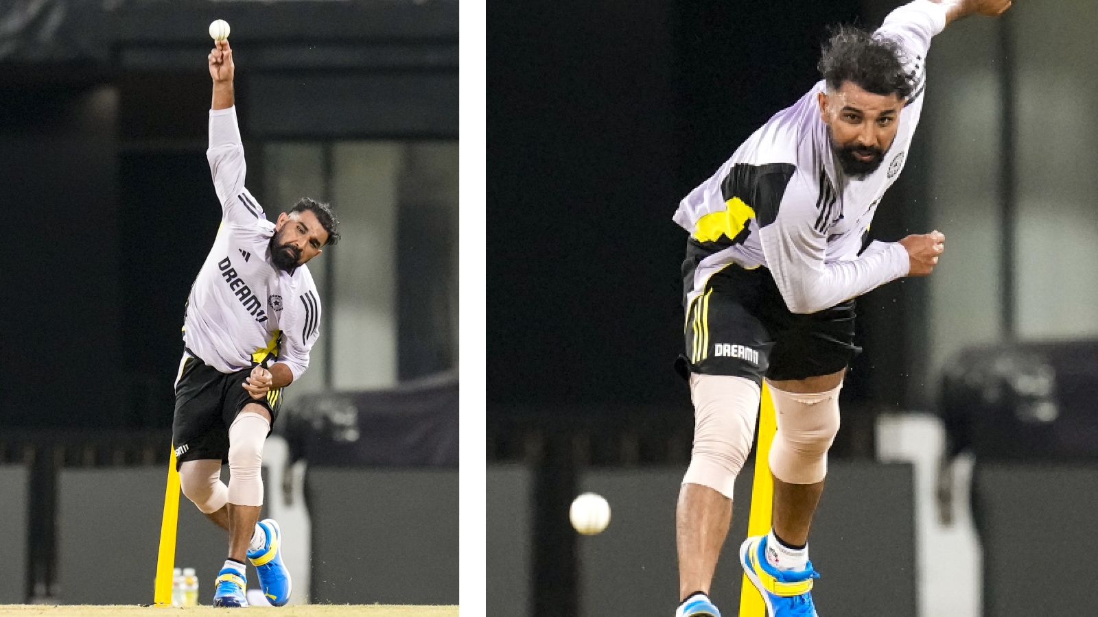 India’s Mohammed Shami bowls during a practice session ahead of the second T20I cricket match between India and England, at the MA Chidambaram Stadium, in Chennai, Friday, Jan. 24, 2025. (PTI Photo)