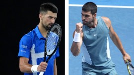 (LEFT) Novak Djokovic celebrates after defeating Jiri Lehecka; (RIGHT) Carlos Alcaraz reacts during a fourth round match against Jack Draper at the Australian Open. (AP Photo)