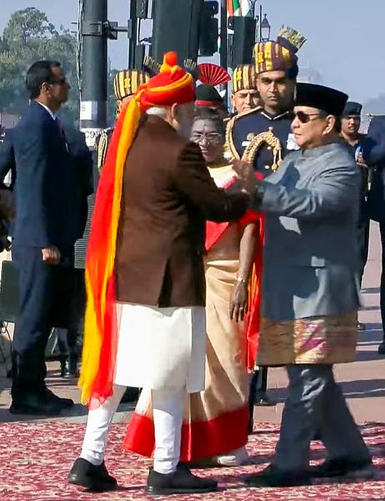 In this screenshot taken from @narendramodi via Youtube Prime Minister Narendra Modi receives President Droupadi Murmu and chief guest President of Indonesia Prabowo Subianto for the 76th Republic Day parade at Kartavya Path, in New Delhi, Sunday, Jan. 26, 2025