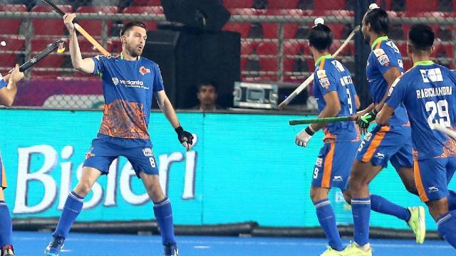 Thierry Brinkman (No 8) celebrates one of his two goals as Kalinga Lancers beat Tigers 6-0 in a stunning result. (HIL)