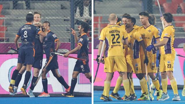 Hockey India League: UP Rudras and Hyderabad Toofans players celebrate during their matches on Saturday. (HIL)