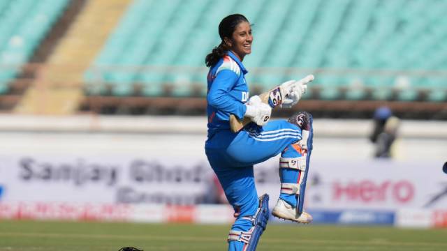 Jemimah Rodrigues' celebration after her 90-ball hundred against Ireland on Sunday. (BCCI)