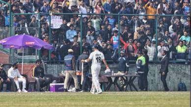 Virat Kohli's dismissal disappointed the 10,000-strong crowd in the stadium and also the DDCA, which opened all the gates of the Arun Jaitley Stadium to fans on Friday morning. (Express Photo by Abhinav Saha)