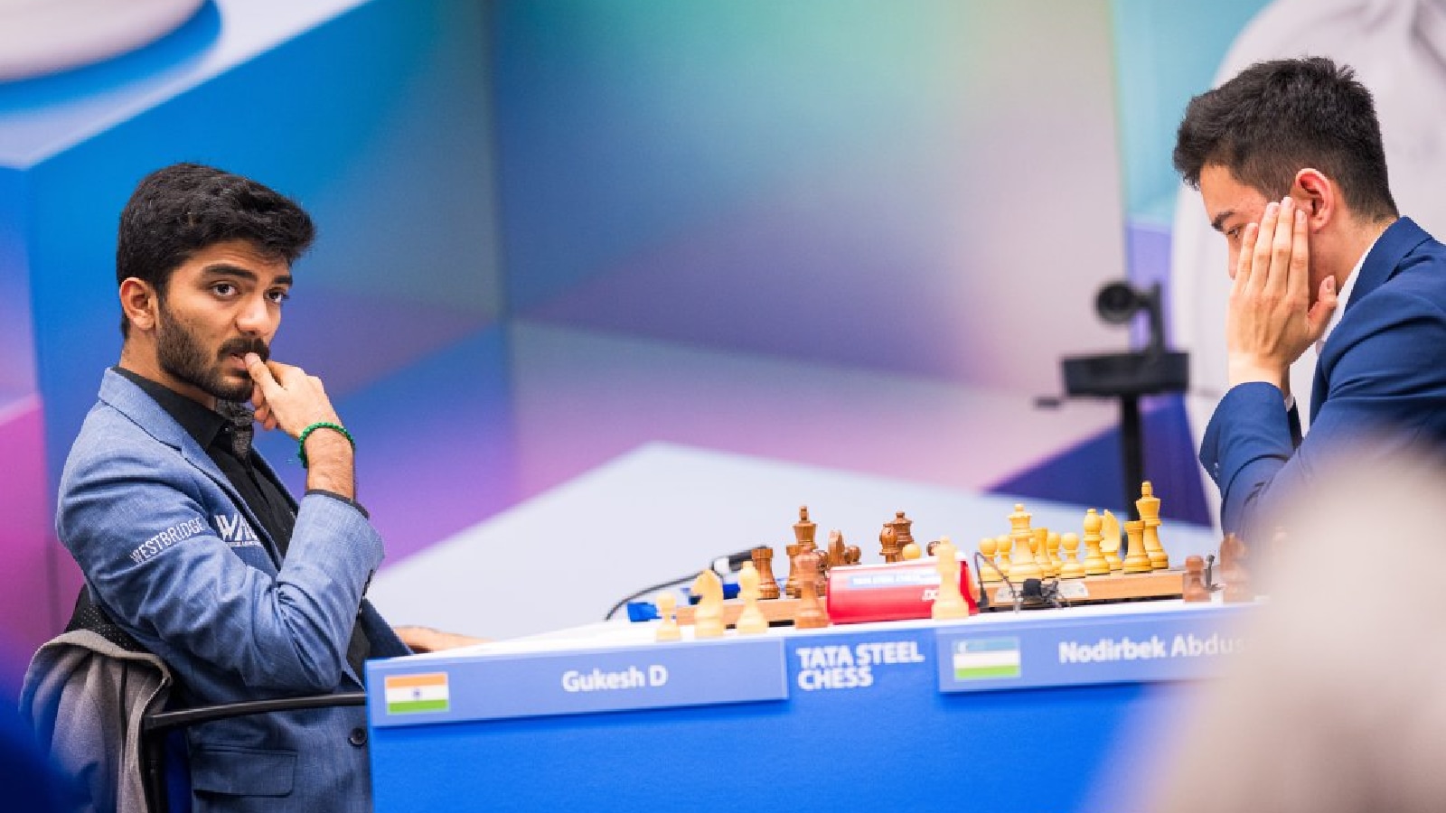 Nodirbek Abdusattorov thinks about his next move in the round 6 game against Gukesh. (PHOTO: Lennart Ootes via Tata Steel chess tournament)