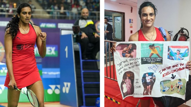 (LEFT) PV Sindhu in action on Day 4 at Yonex Sunrise India Open 2025; (RIGHT) The two-time Olympic medallist poses with a hand-made poster presented to her. (PHOTOS: BAI, Express Photo)