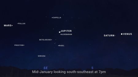 Sky chart showing the planetary lineup visible after dark in January 2025. (NASA/JPL-Caltech)