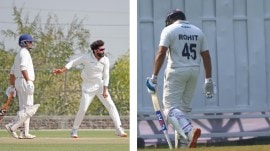 (LEFT) Ravindra Jadeja in action with the ball; (RIGHT) Rohit Sharma walks off after batting for Mumbai in the Ranji Trophy game against Jammu and Kashmir. (PHOTOS: Saurashtra Cricket, Express Photo by Amit Chakravarty)