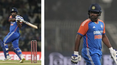 (LEFT) Sanju Samson bats during the second T20 match between India and England at M. A. Chidambaram Stadium in Chennai, India and (RIGHT) Samson walks off after being dismissed. (AP Photo)