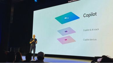 Nadella emphasised the role of tools like Copilot and autonomous AI agents in transforming productivity and business operations. (Image: Anuj Bhatia/The Indian Express)