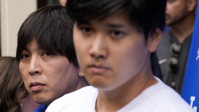 Ippei Mizuhara, left, stands adjacent  to Los Angeles Dodgers subordinate    Shohei Ohtani, right, during an interrogation  astatine  Dodger Stadium, Feb. 3, 2024. (AP Photo)