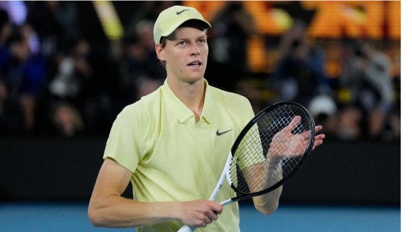 Jannik Sinner of Italy celebrates after defeating Ben Shelton of the U.S. in their semifinal match at the Australian Open tennis championship in Melbourne