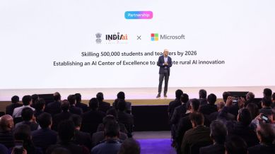 Microsoft CEO Satya Nadella on stage at the Microsoft AI Tour in New Delhi.