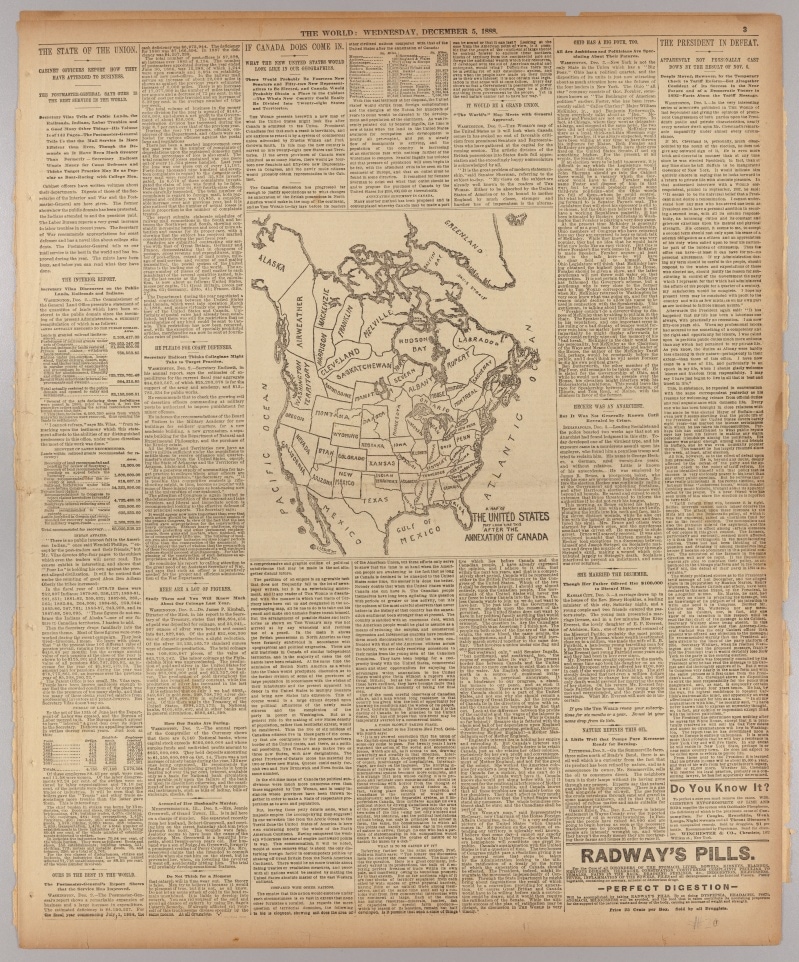 This large map showing the hypothetical annexation of Canada appeared in the New York World in the middle of a heated fisheries dispute between the U.S. and Canada (National Archives) 