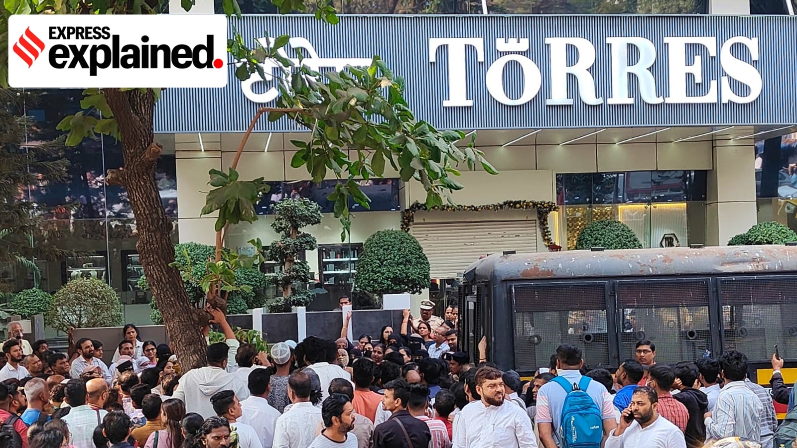 Torres investment scam Explained: A crowd gathered outside Torres' Dadar office on January 10, with police officers stationed.