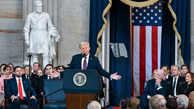 President Donald Trump speaks aft  taking the oath of bureau   during the 60th Presidential Inauguration successful  the Rotunda of the US Capitol successful  Washington connected  Monday.