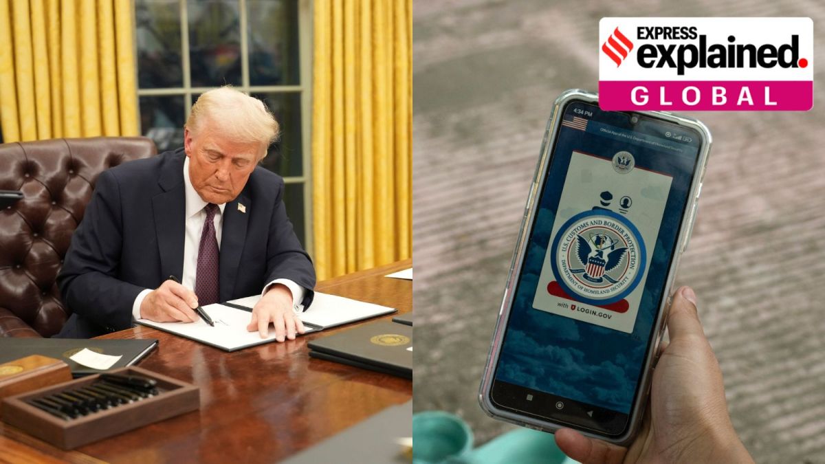 Left - President Donald Trump signs executive orders in the Oval Office of the White House in Washington on Monday, Jan. 20, 2025. Right - A migrant passing checks CBP One, a cellphone app for an asylum hearing date in Mexico.