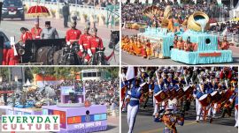 (Clockwise from top left) President Droupadi Murmu arrives at the Republic Day parade; UP tableau, Indonesian contingent marching, Tri-services tableau.
