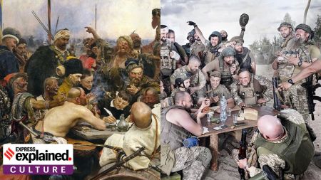 Ilya Repin's 'Reply of the Zaporozhian Cossacks' (left) and photographer Emeric Lhuisset's recreation.