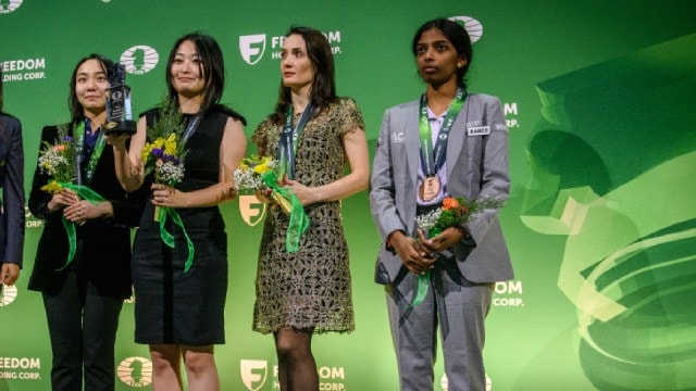 (FROM LEFT) Lei Tingjie, Ju Wenjun, Kateryna Lagno and Vaishali Rameshbabu on the podium after the World Rapid and Blitz Championship in New York. (PHOTO: FIDE via Michal Walusza)