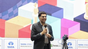 Viswanathan Anand during the draw of the Tata Steel Chess India tournament in Kolkata in September 2023. (Express Photo by Partha Paul)