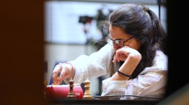 Vantika Agrawal contemplates her next move at Kolkata's Dhono Dhanyo Auditorium during the Tata Steel Rapid and Blitz tournament. (Express photo by Partha Paul)