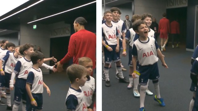 Tottenham Hotspur mascots greet Liverpool's Virgil van Dijk before the first leg of the Carabao Cup semi-final. (Screengrab via Sky Sports X)