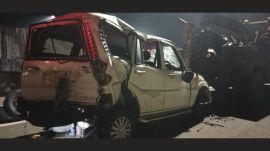 The SUV after a van rammed into it on the Mumbai-Goa highway near Mahad in Raigad. (Photo: x/@airnews_mumbai)