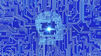 deepseek ai motherboard on blue background showing human skull