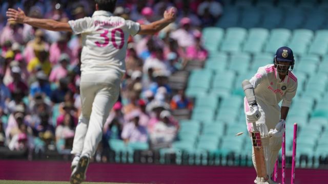 India's Washington Sundar is out bowled by Australia's captain Pat Cummins during play on the third day of the fifth cricket test between India and Australia at the Sydney Cricket Ground, in Sydney, Australia, Sunday, Jan. 5, 2025.