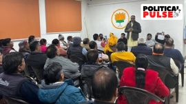 UP Deputy CM Brajesh Pathak addresses a public meeting for the BJP on Thursday in Burari Assembly constituency ahead of the Delhi Election 2025.