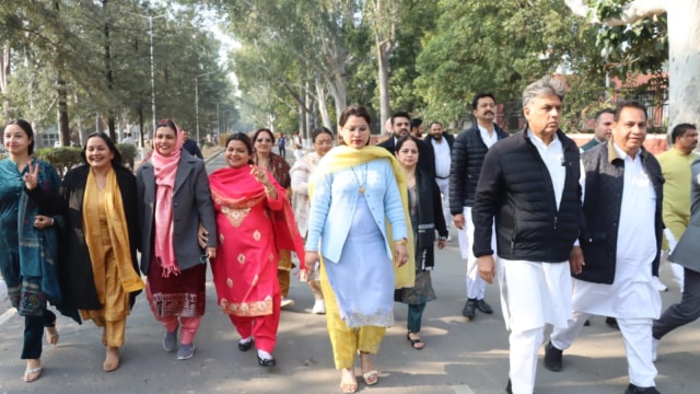 AAP and Congress councillors with Chandigarh MP Manish Tewari arrives astatine  municipal corp  gathering  for mayoral election.