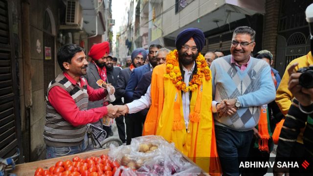 Majinder Singh Sirsa during his door-to-door campaign, astatine  Rajouri Garden constituency up  of Delhi Assembly polls