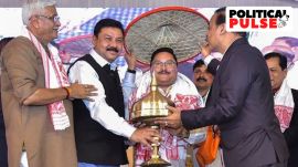 Union Minister Gajendra Singh Shekhawat during felicitation of newly elected Assam BJP President Dilip Saikia (centre) after the announcement of election results, at the state BJP office, in Guwahati, Friday, Jan. 17, 2025. (PTI Photo)