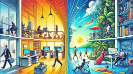 The picture represents a permanent four-day workweek, blending a calm office setting with leisure activities to symbolize work-life balance.