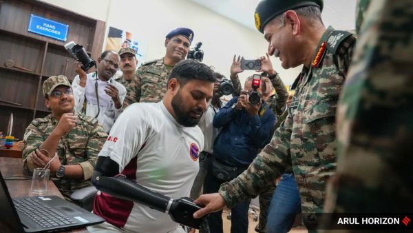Chief of Army Staff General Upendra Dwivedi at the Artificial Limb Centre (ALC) in Pune. Initially, the ALC was set up to provide prosthetic limbs to soldiers injured in combat. (Express Photo by Arul Horizon)