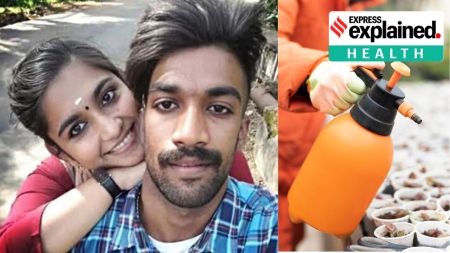 Greeshma Sharon Raj murder case: photo of the couple on left; representational image of herbicide to represent paraquat poison chemical on right