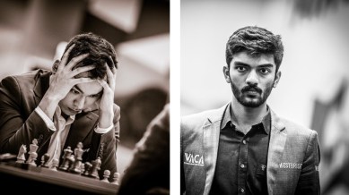 (LEFT) Nodirbek Abdusattorov thinks about his next move in the round 6 game on Friday; (RIGHT) Gukesh walks during the draw against his arch-rival from Uzbekistan. (PHOTOS: Lennart Ootes via Tata Steel chess tournament)