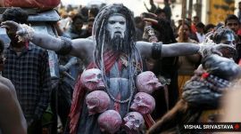 Different Akharas taking part in Peshwai ceremony for Maha Kumbh at the banks of the Triveni Sangam in Prayagraj. (Express Photo by Vishal Srivastava)