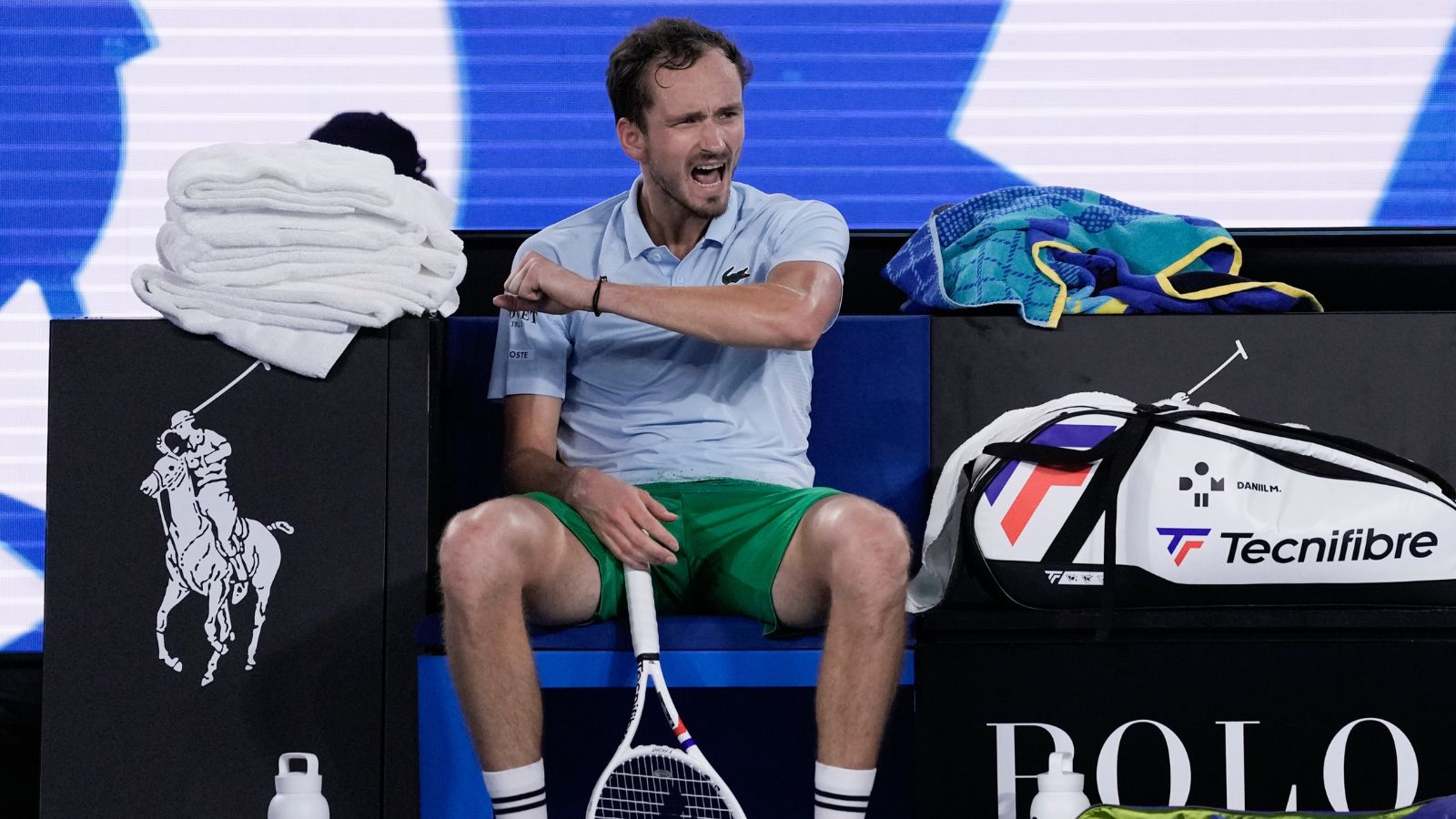 Daniil Medvedev of Russia reacts during his second round match against Learner Tien of the U.S. at the Australian Open tennis championship in Melbourne, Australia, Thursday, Jan. 16, 2025. (AP Photo/Ng Han Guan)