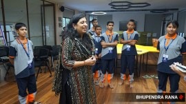 Mentor Richa Tiwari with students, Gujarat government-run Vernacular School, indian express